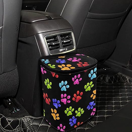 Rainbow Dog Paw Print Car Trash Can Automotive Car Trash Bag with Lid Collapsible Waterproof Car Organizers and Storage Car Accessories for Women