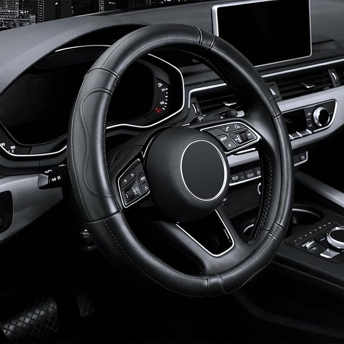 KAFEEK Steering Wheel Cover, Universal 15 inch, Microfiber Leather, Anti-Slip,Odorless, Black Lines