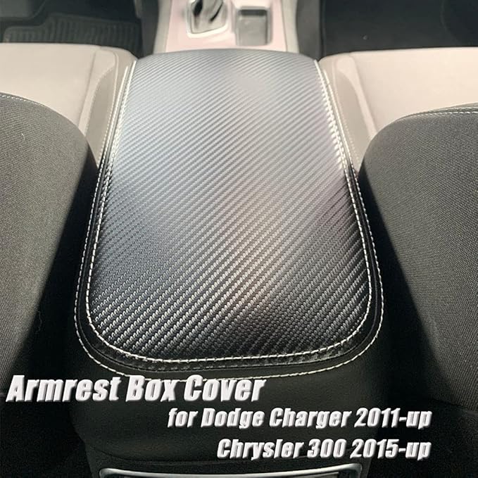 BOYUER Center Console Cover Armrest Leather Pad Cover Compatible with Dodge Charger 2011-2023/Chrysler 300 2015-2023（Carbon Fiber）