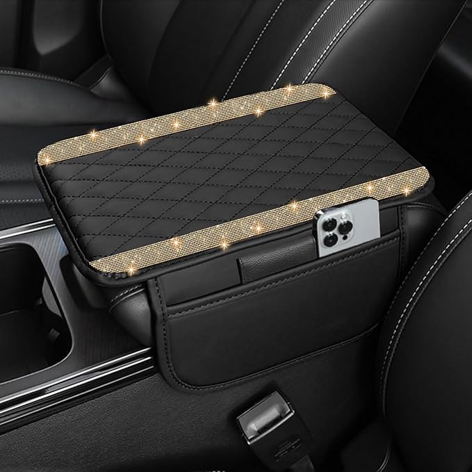 NBTEPEM Bling Car Center Console Cover, Leather Car Arm Rest Cover Cushion with 2 Storage Bags, Universal Automotive Armrest Protector Storage Box, Bling Accessories Interior for Most Vehicles (Gold)