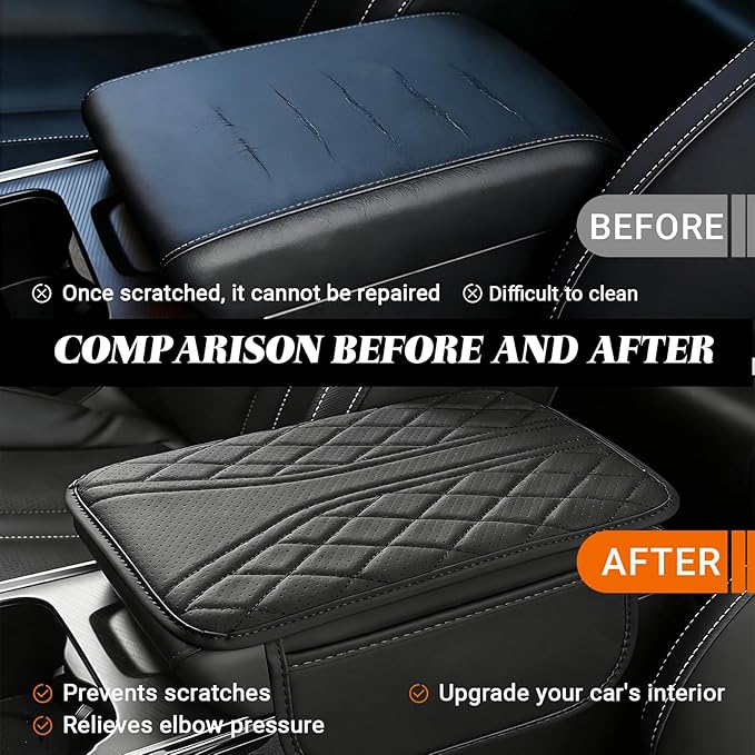 KoiLuvGo Upgraded Car Center Console Cover, Leather Auto Armrest Cover with 2 Storage Bags, Waterproof Center Console Protective Pad, Universal Cars Armrest Storage Box for Sedan, SUV, Truck (Black)