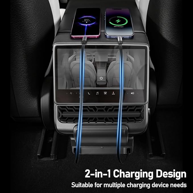 Rear USB Charger Hub for Tesla Model Y Juniper 2025,2026 Accessories- 4-Port Fast Charging Hub with Sliding Cover, Type-C+Lightning Docking Station for Tesla Model 3 Highland 2024-2026