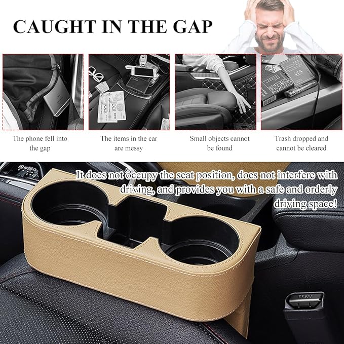 Car Cup Holder Gap Filler Organizer, Multifunctional Auto Front Console Gap Filler with Cup Holder, Leather Extra Cup Holder Storage Box for Car Truck SUV, Car Accessories (Beige)