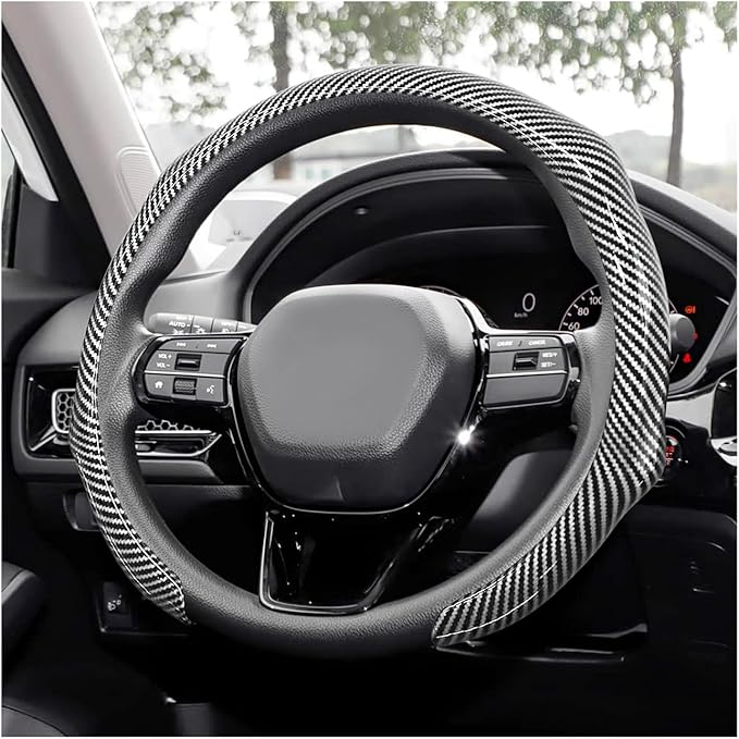 Sun Walker Carbon Fiber Car Steering Wheel Cover, 15" Anti-Slip Wear-Resistant Steering Wheel Protector Stylish Interior Decor, Ultra-Thin Comfortable Leather Wheel Cover for Women Men (Silver)