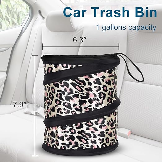 Kincown Car Trash Can, 2 Packs Mini Collapsible Car Trash Bin for Front Back Seat, Pop up Car Garbage Can, Portable Car Trash Bag Hanging for Vehicle SUV Rv Truck Accessories Interior, Leopard Print