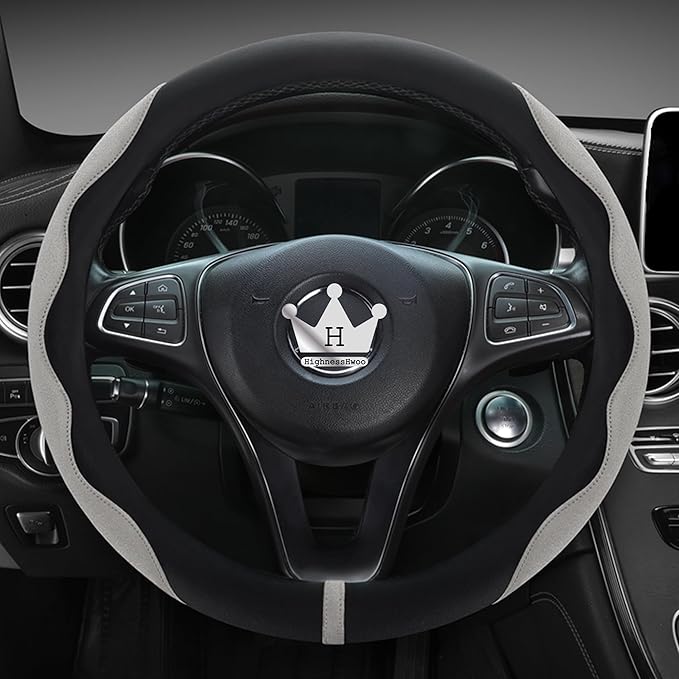 Luxury Suede Steering Wheel Cover for Cars, Soft Leather Padded Wheels Cover for F150, Trucks, Jeep, Van, Auto Thin Large Car Handle Cover, Universal Fit, Anti Slip, 15.2-16in, Gray