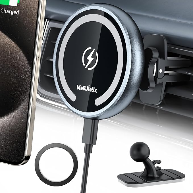 Magjieyx for Magsafe Car Mount Wireless Charger Magnetic Fast Charging Compatible with iPhone 16,15,14,13,12,Pro Max,Mini,Magsafe Case, Air Vent and Stick On Dashboard Car Phone Holder
