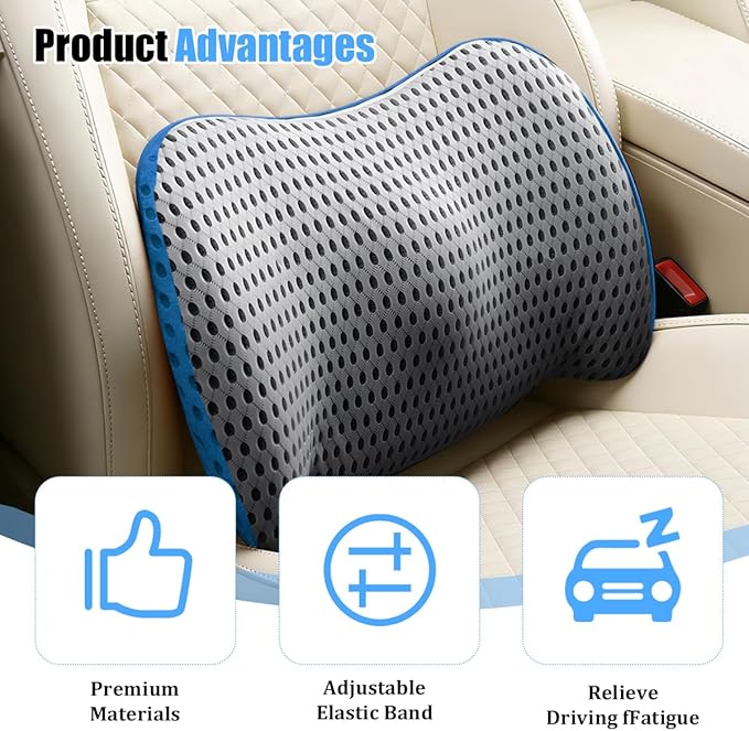 Car Lumbar Support Pillow, Memory Foam Ergonomic Vehicle Lower Back Support Cushion for Back Pain Relief and Sciatica, Automotive Seat Lumbar Pillow, Universal for Vehicle (Gray/Sky Blue)