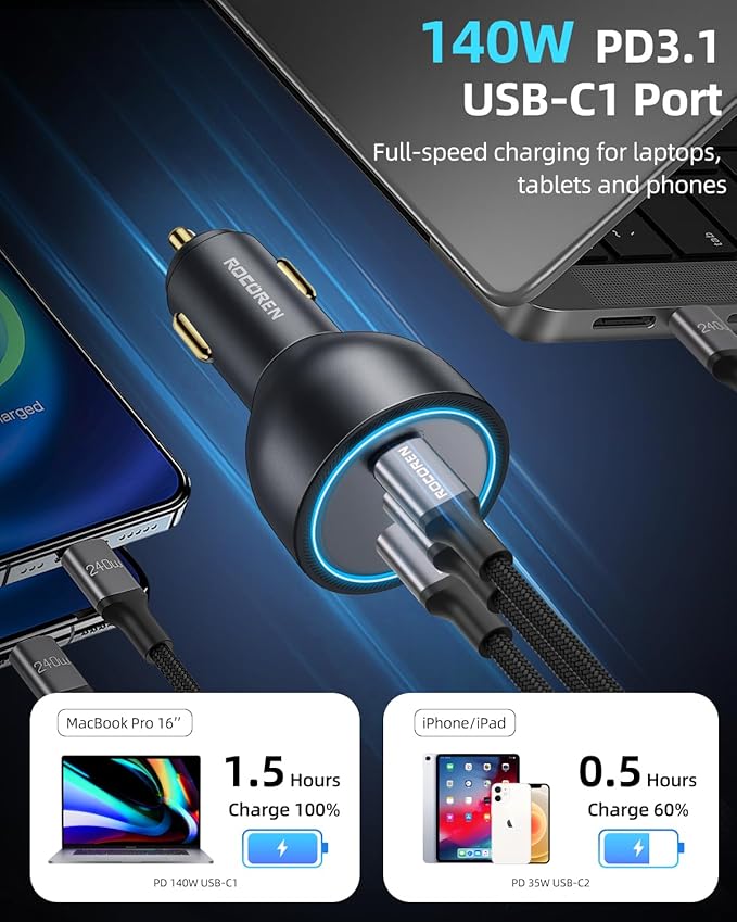 165W Car Charger for Laptops, PD3.1 140W/PD3.0 100W USB C Car Charger,Super Fast Charging Cigarette Lighter USB Charger Adapter with 240W Cable for MacBook Pro,iPhone 17/16/15,Samsung S25,iPad