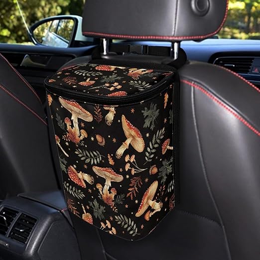 Forest Mushroom Car Trash Can with Lid Hanging Car Trash Bag Leak-Proof Portable Cars Garbage Bin Truck Sedan Accessories Interior Cars Organizer