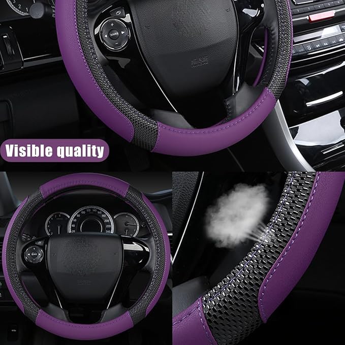Car Steering Wheel Cover, 14.97 Inch Leather Non-Slip Vehicle Steer Wheel Protector, Soft & Breathable Automotive Interior Protection Accessories, Universal for SUV Sedan Truck (Black/Purple)