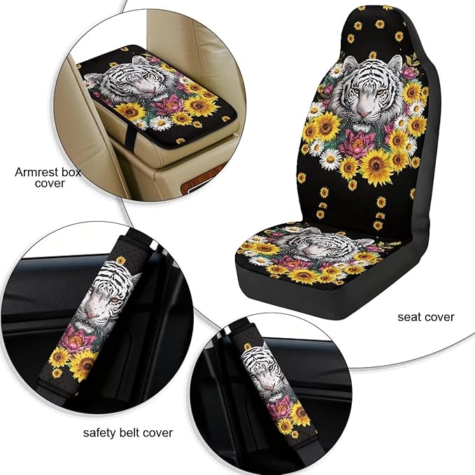 Oramclsy Tiger Heavy Duty Car Seat Covers with Armrest Pad and Sunflower Seat Belt Pads 5 Pack Universal Auto Interior Protector Set Universal Size