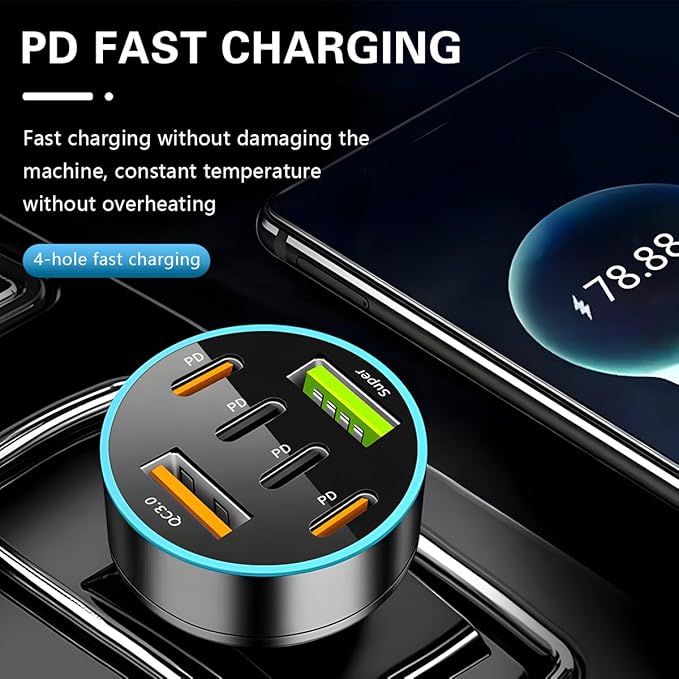 6 Ports 66W Car Charger, 12-24V Super Fast Charging with USB PD&QC 3.0 with LED Voltmeter for Cigarette Lighter Plug, Compatible with All Smartphone, Universal Auto Accessories