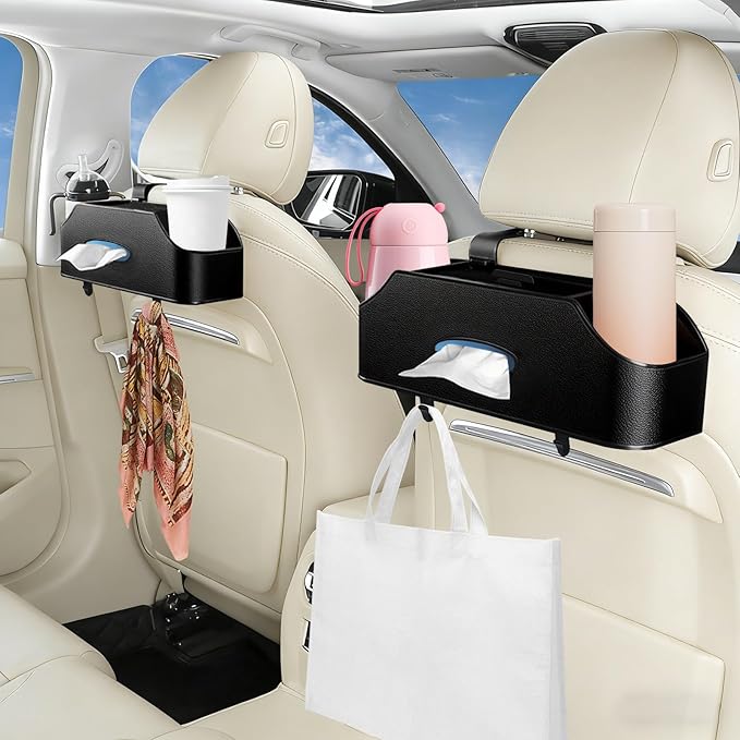 SADIFOKPLY Back Seat Car Organizer, Upgraded Multifunctional Car Storage Box, Hanging Back Seat Storage Organizer, with Phone Holder, Tissue Box, Cup Holders, Hooks (Type B - Black)