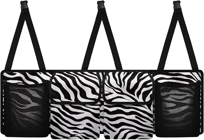 Hanging Trunk Organizer, Zebra Stripe Foldable Car Trunk Organizer Back Seat with 4 Large Pockets, Hanging Trunk Organizer Universal for Vehicles (with Mesh Bag)