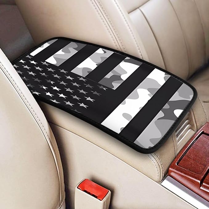 Camouflage Gray Camo American Flag Car Center Console Cover, Universal Waterproof Armrest Pad, Soft Comfort Cushion & Scratch-Resistant Protector for Cars, SUVs and Trucks