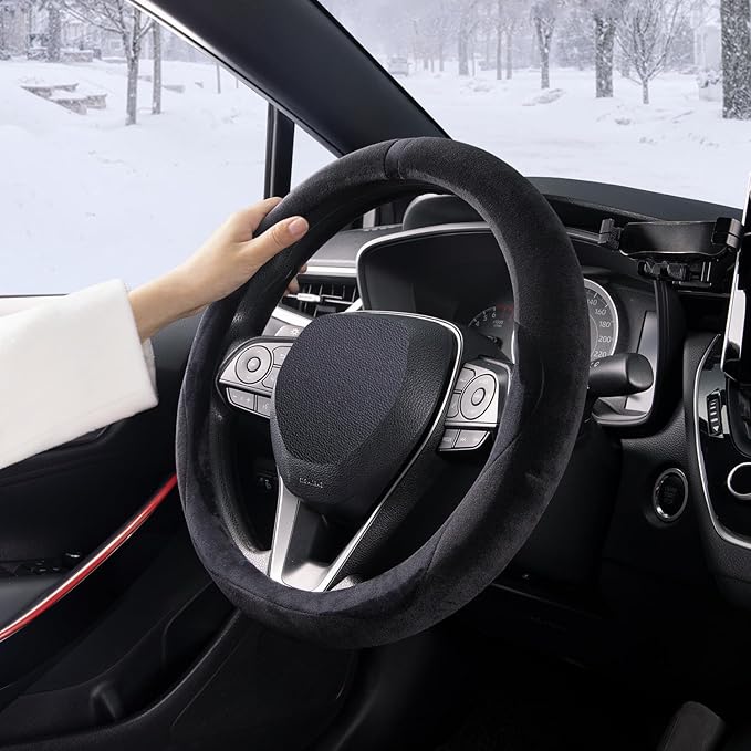 COFIT Plush Steering Wheel Cover Winter, Soft Warm Furry Grip Protector for Cars SUVs Trucks, Fits 14.5-15 Inch, Non-Slip Interior Accessory, Black