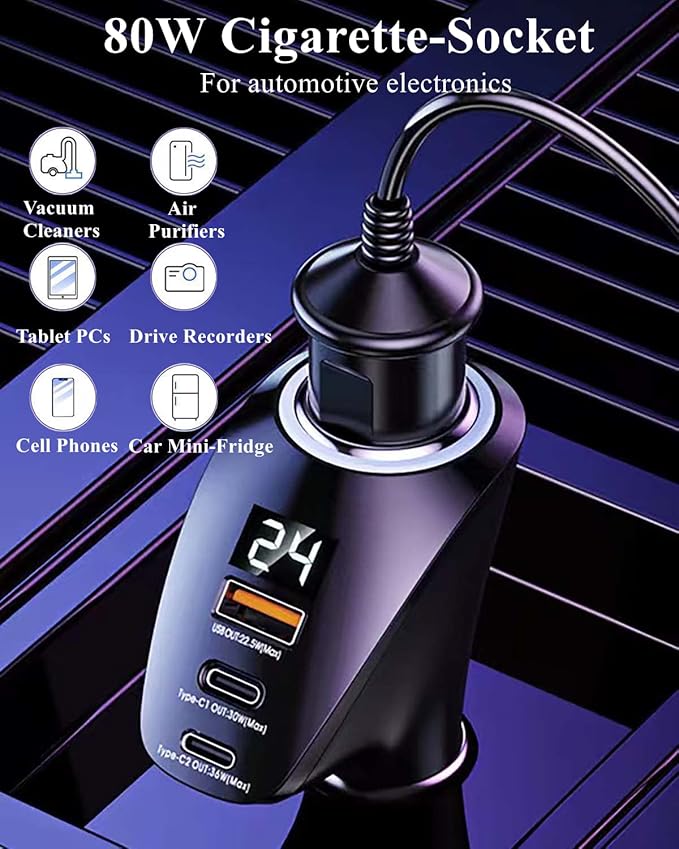 [PD36W&QC22.5W] Car Charger Adapter,5 IN 1 USB Car Charger with Multi Port,[Voltage Display] 12V/24V Car Adapter Compatible with iPhone 15 Pro Max/14/13/12/11/X/XR/XS,Samsung,iPad,Dash Cam etc