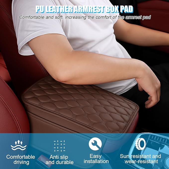 Car Center Console Cover, Leather Vehicle Armrest Cover Cushion with 2 Storage Bags, Automotive Interior Arm Rest Seat Box Pad Accessories, Universal for SUV Sedan Truck (Coffee)