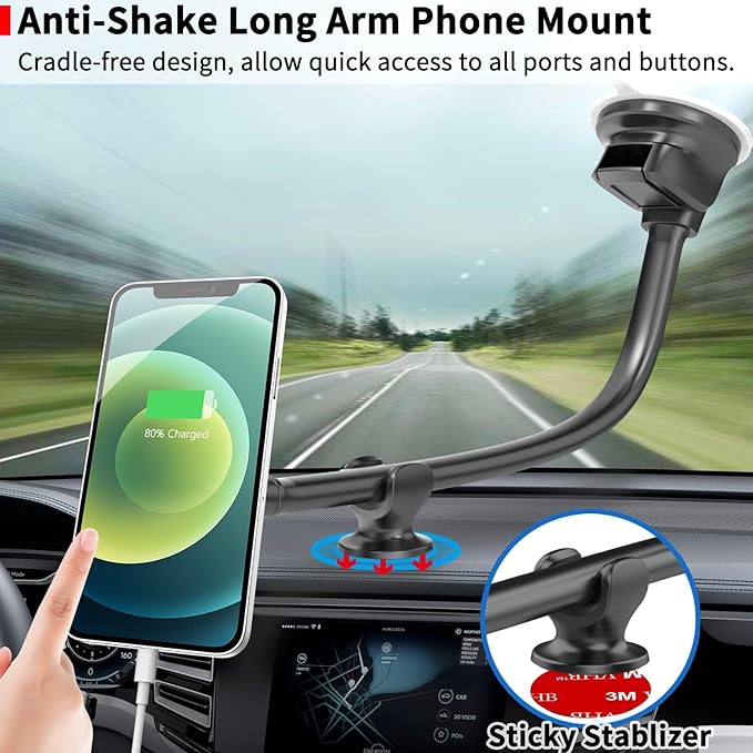 APPS2Car Magnetic Car Phone Holder Mount [Flexible Long Arm] Anti-Shake Windshield Phone Mount [6 Strong Magnets] Cell Phone Holder for Car [Case Friendly] Compatible with iPhone Smartphones Tablets