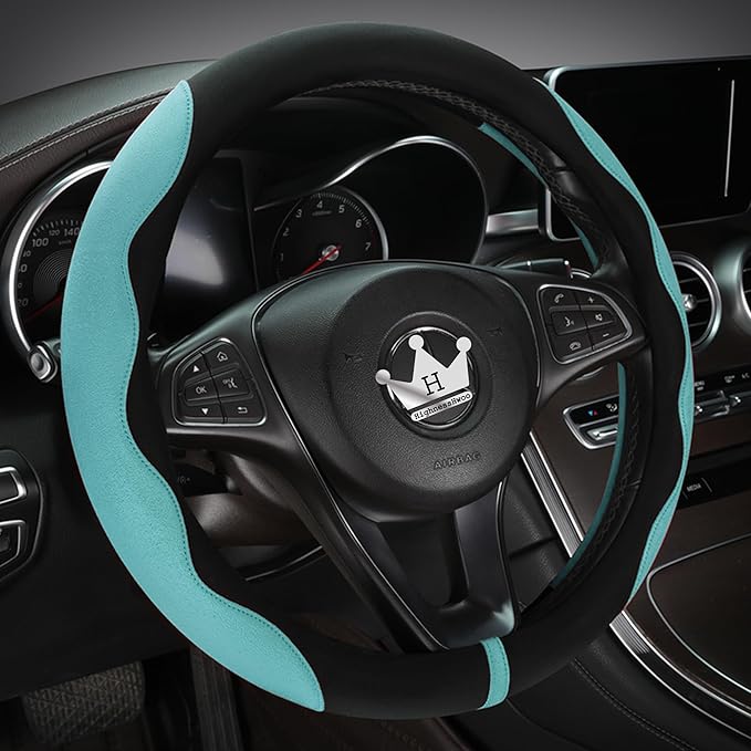 Luxury Suede Steering Wheel Cover for Cars, Soft Leather Padded Wheels Cover for Sedan, SUV, Thin Car Handle Cover, Universal Fit, Anti Slip, 14.75-15.15in, Green