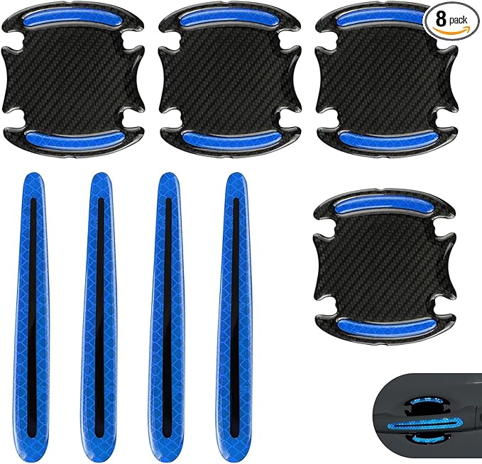 WZP 8PCS Car Door Handle Scratch Protectors, 3D Carbon Fiber Door Handle Scratch Protector Cover, Anti-Scratches Safety Reflective Strips, Universal Car Exterior Accessories for Most Vehicles (Blue)
