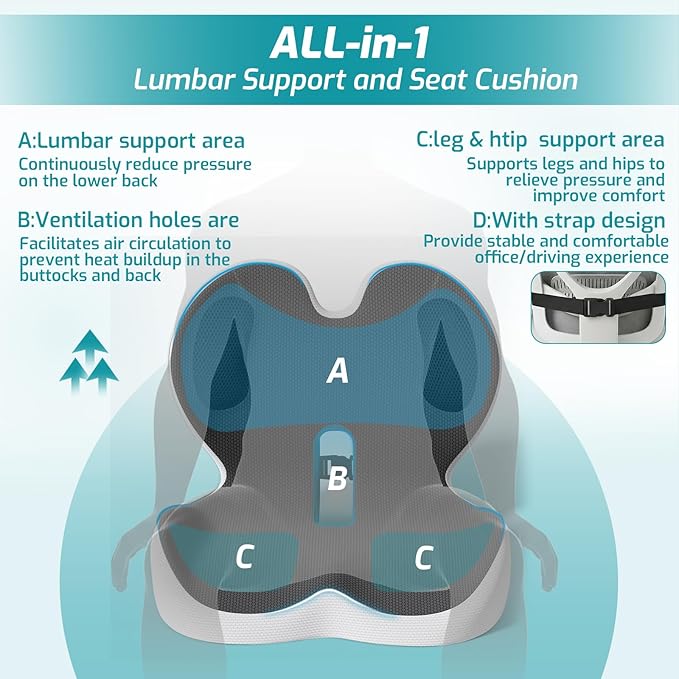 Memory Foam Seat Cushion with Lumbar Support Pillow,Office Chair Cushion,Ergonomic Car Seat Cushion,Designed for Tailbone,Sciatica,Back Pain Relief,for Office,Car,Truck,Desk Chair (Black Grey)