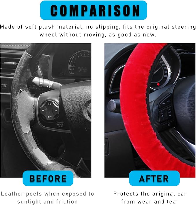 Augeny Fuzzy Car Steering Wheel Cover, Anti-Slip Soft Plush Steering Wheel Protector, 15 Inch Elastic Wheel Covers, Universal Vehicle Interior Winter Warm Accessories for Men Women (Red)