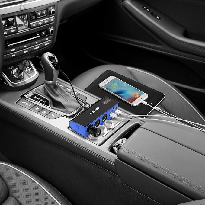 BESTEK 3-Socket Cigarette Lighter Adapter, 12V/24V 200W DC Cigarette Outlet Car Charger Splitter with 4-USB Ports Car Power Adapter for GPS, Dashcam, Low Voltage Protection with Replace Fuse