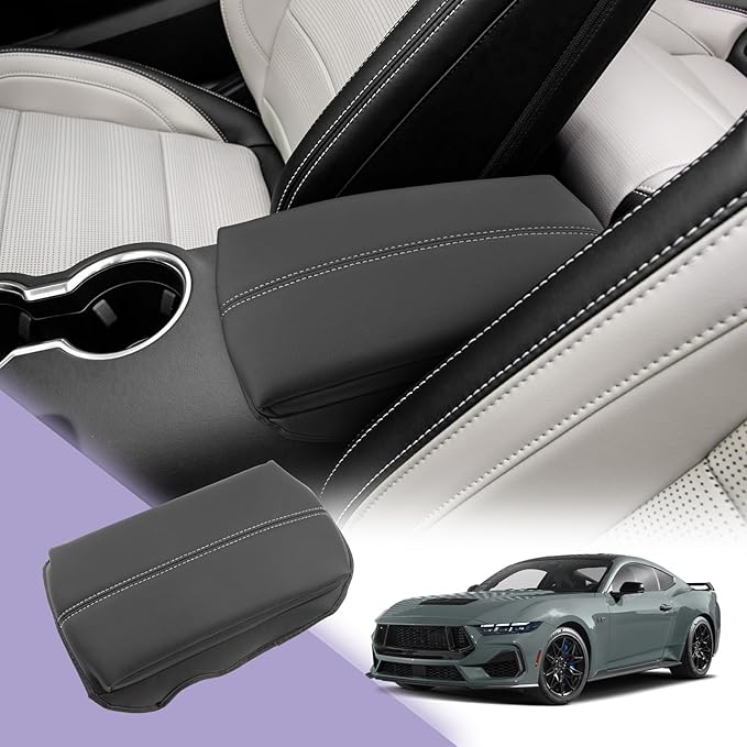 Mustang Center Console Cover Compatible with 2024 2025 Ford Mustang Accessories Mustang Armrest Cover Center Console Pad 2025 Mustang EcoBoost Premium/GT Armrest Console Cover Soft Leather,Gray Line