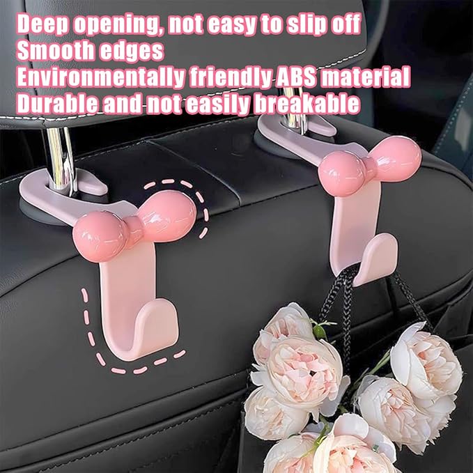 BELOMI 4PCS Car Seat Headrest Hooks, Cute Bow Vehicle Back Seat Hanger for Purses Bag, Auto Interior Backseat Storage Hanging Organizer Accessories, Universal for SUV Sedan Truck (Pink)