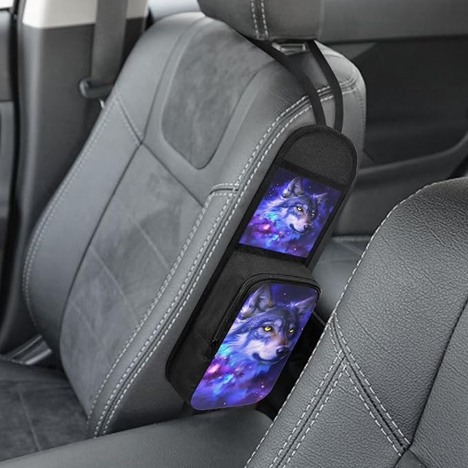 Galaxy Wolf Car Seat Storage Hanging Bag Front Seat Side Organizer Bag for Mobile Phone Sunglasses Holder Multi Pocket Car Organization Accessories