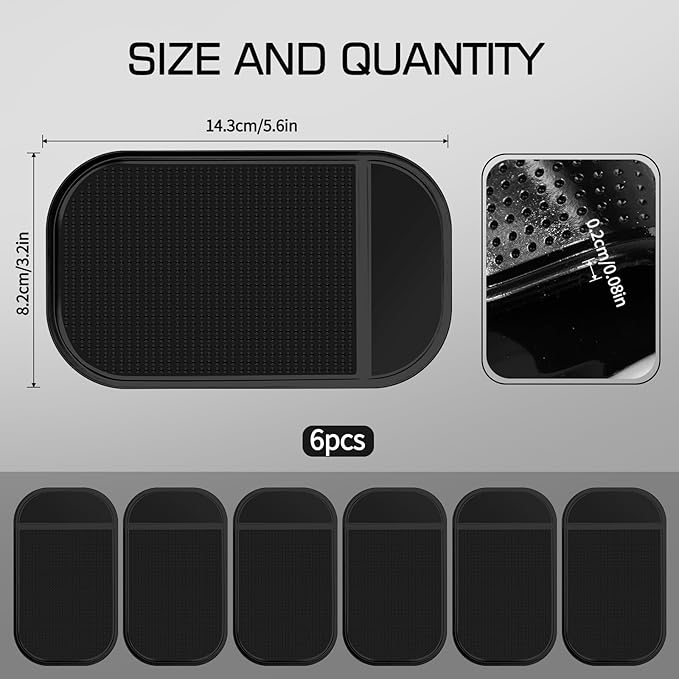 Car Dashboard Non Slip Mat, Anti-Slide Sticky Gel Dashboard Pad 5.5 x 3 Inch Multi Sticky Mat for Radar Detector, Cell Phone, Keys, Mirrors, GPS, Coins (6 Pack Black)