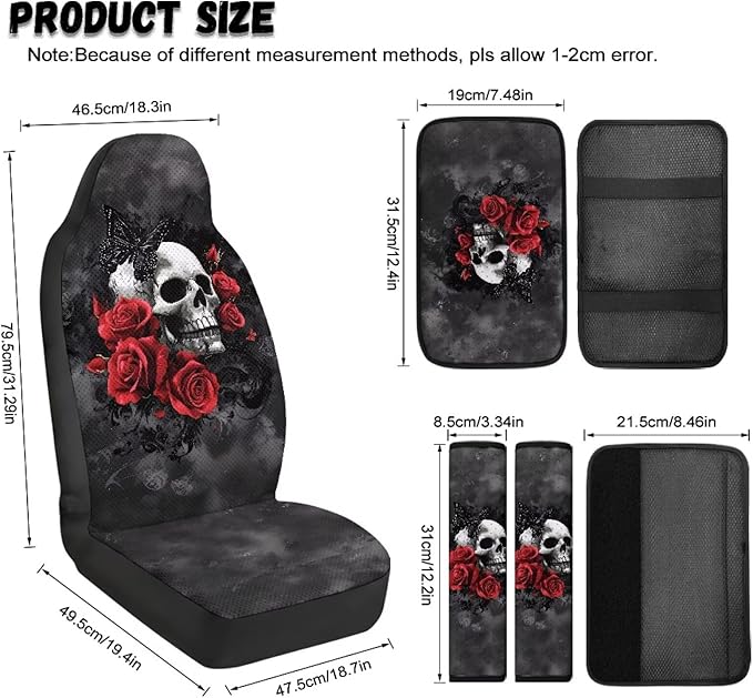 Oramclsy Skull PU Breathable Car Seat Accessories Set Rose Pattern Universal Set and Armrest Pad and Seat Belt Pads Full Set of 5 Pack