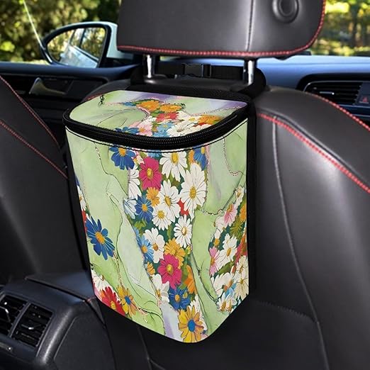 Hippie Flower Green Marble Car Trash Can Bin with Lid,Colorful Groovy Flower Hanging Automotive Garbage Cans Portable Waste Basket Automotive Interior Organizer Accessory