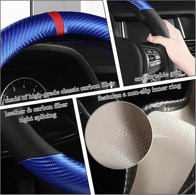 Black & Blue Carbon Fiber Leather Steering Wheel Cover, Microfiber Leather, Anti-Slip, Breathable, Universal Fit for 14.5–15 in Steering Wheel Cover for Men Women