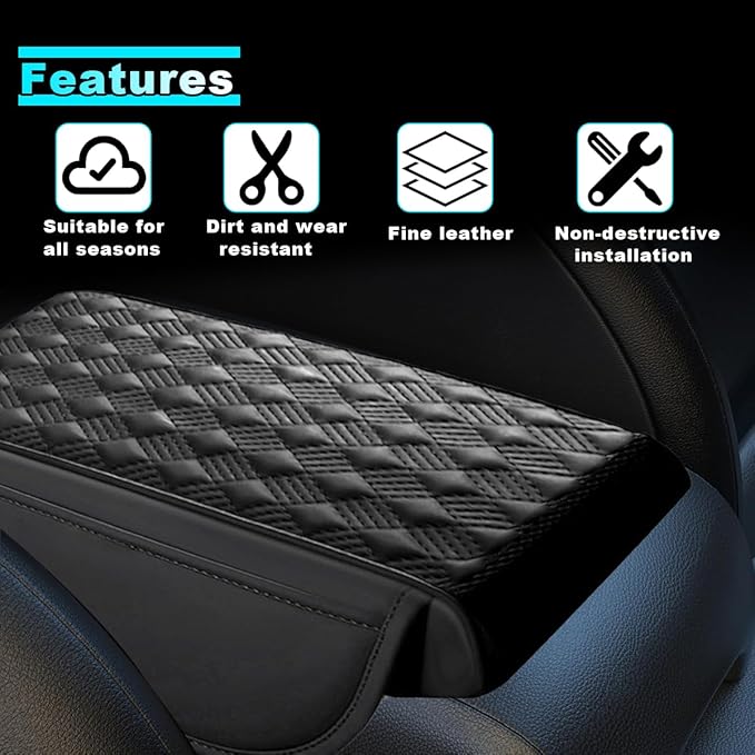 Car Center Console Cover with Storage Pocket, Waterproof Leather Car Armrest Cover Cushion Pad Distributes Elbow Stress, Non-Slip Middle Console Storage Box Covers for Most Vehicles (Black)