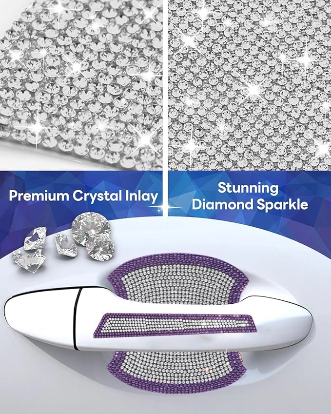 8Pcs Bling Car Door Handle Protector Stickers,Crystal Rhinestone Glitter Car Door Handles Cup Scratch Protectors Decals Universal (Purple White)