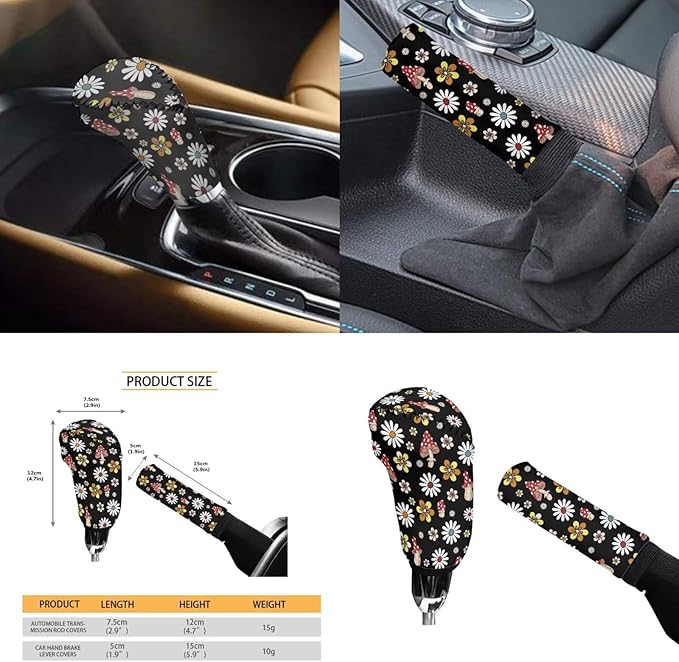 Mushroon Car Accessories 6 Pcs Sets for Men Women Many Flower Cute Car Steering Wheel Cover Cup Coaster Handbrake Cover Suit for Cars Truck Vans SUV