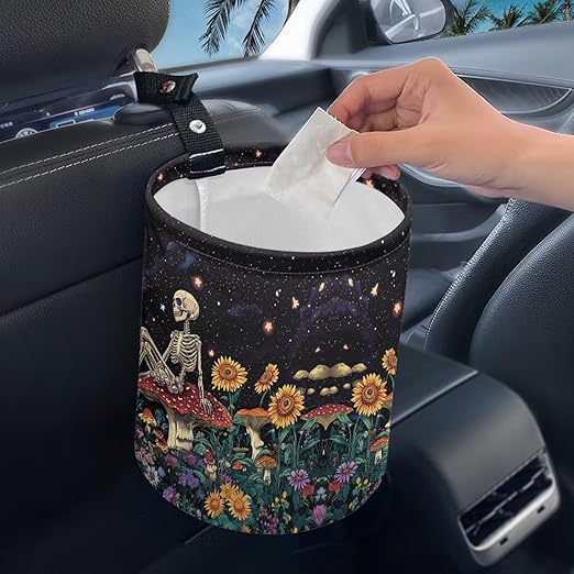 Brosoneto Skull Mushroom Floral Car Trash Can Collapsible Trash Can Rubbish Bin Garbage Bin Decoration Car Interior Easy to Clean for Car SUV Trucks