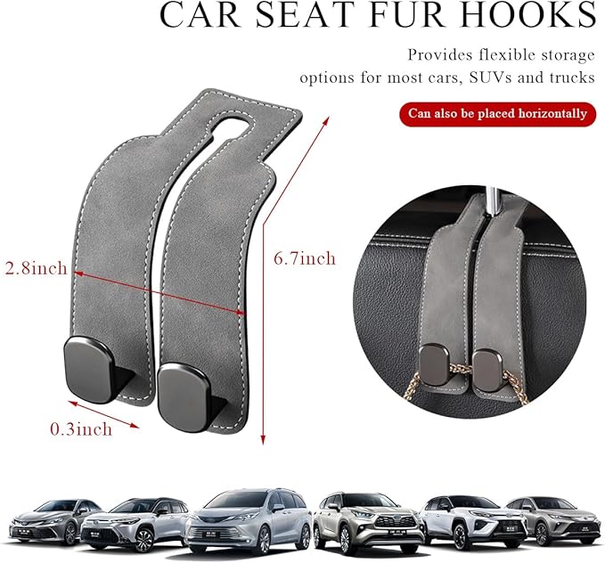 2 PCS Car Seat Headrest Hook, Back Seat Hanger with Double Flexible Leather Hooks, Soft Leather Double Headrest Metal Hooks Purse Handbag Organizer, Car Accessories (Gray)
