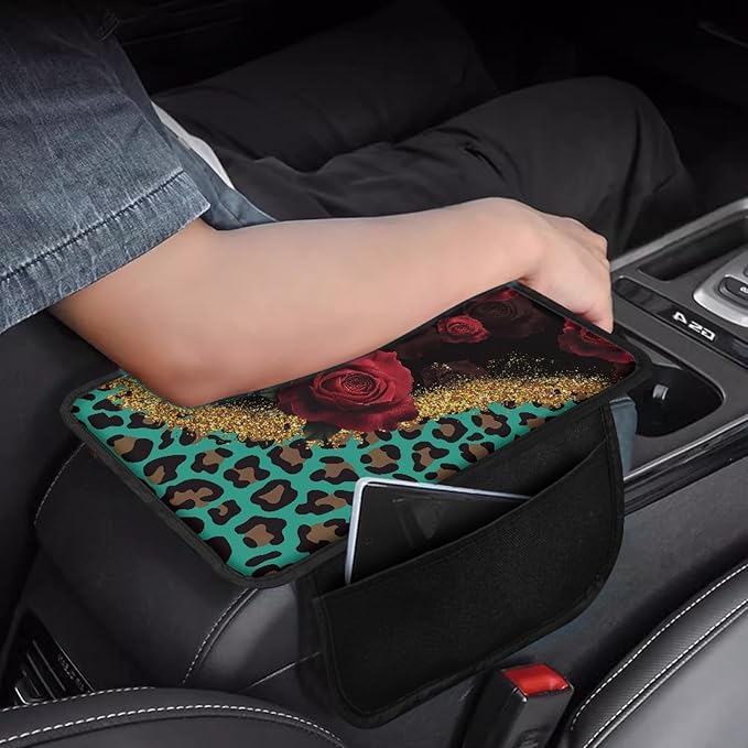 CLOHOMIN Red Rose Car Center Console Cover Green Leopard Print Armrest Box Cover Center Console Pad Fit for Most Vehicles Auto Accessories Anti-Scratch Arm Rest Covers