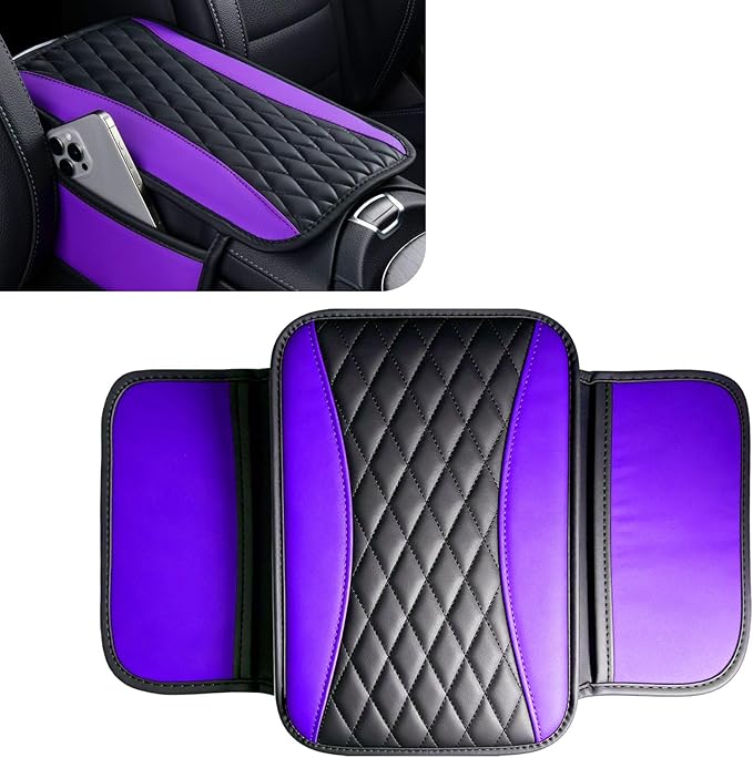 Patchwork Leather Center Console Cover, Upgraded Car Armrest Cover with 2 Storage Bags, Universal Arm Rest Covers for Car, Vehicle Interior Accessories Middle Console Cushion Organizer (Purple)