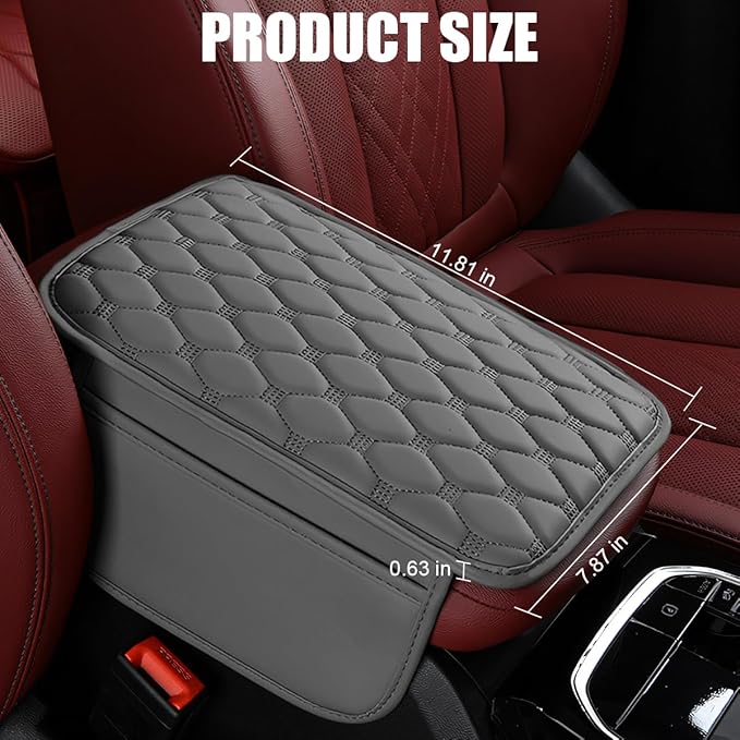 Car Center Console Cover, Leather Vehicle Armrest Cover Cushion with 2 Storage Bags, Automotive Interior Arm Rest Seat Box Pad Accessories, Universal for SUV Sedan Truck (Grey)