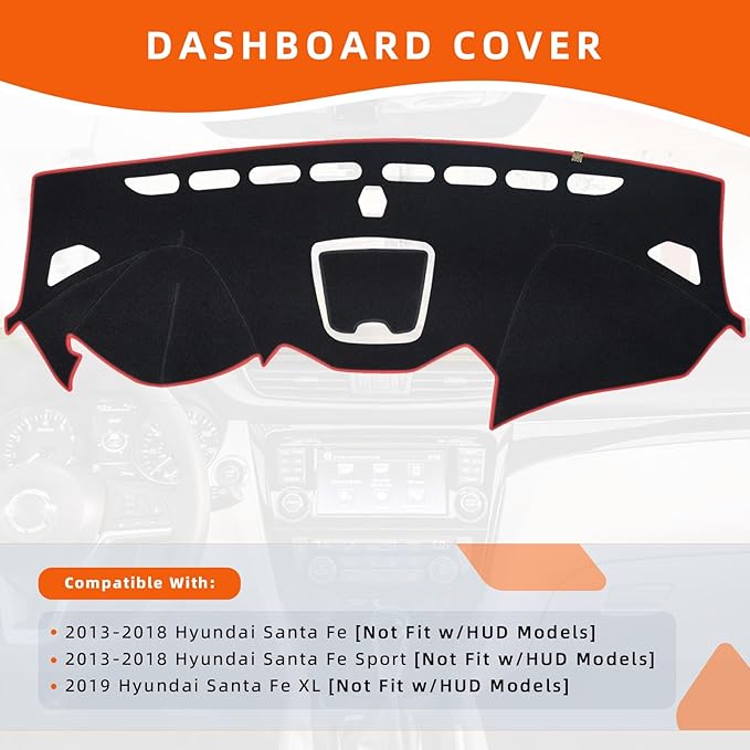 KEYOOG Dashboard Cover Dash Mat Fit for Hy-undai 2018-2013 Santa Fe,Santa Fe Sport (Without HUD Models), Car Dash Board Mat Anti-Glare Carpet, Non-Slip Pad Sunshield Protector (Red Border Banding)