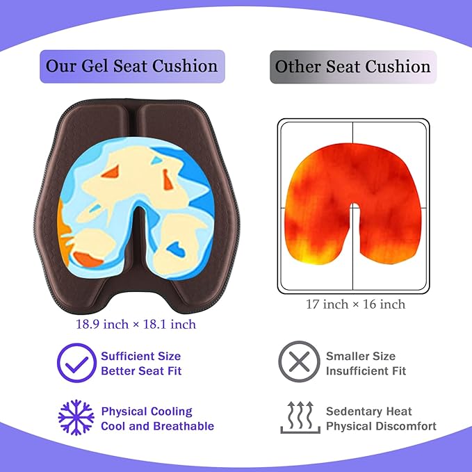Soft Thin Gel Seat Cushion for Car Seat, Office Chair, Wheelchair, Stadium - Non-Slip Car Seat Cushions with 1 Inch Gel - Sciatica & Tailbone Pain Relief (Brown)
