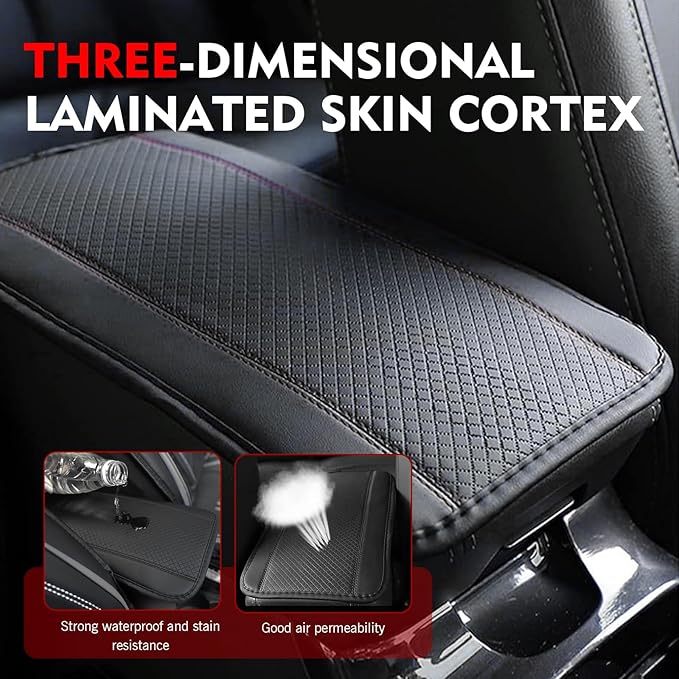 Hugwits Car Center Console Armrest Pad, 7.48" x 12.6" Leather Waterproof Armrest Box Mat with Straps, Wear-Resistant Car Center Console Seat Box Cover, Universal for Most Cars (Black Stitching)