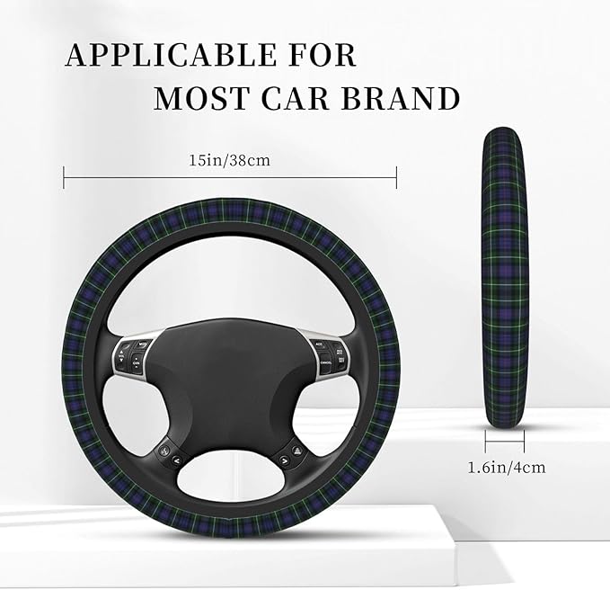 Thickened Elastic Steering Wheel Cover, Plaid Clan Mackenzie Purple Green Check Tartan Ultra, Soft, Breathable, Fit for Cars, SUVs, Trucks, Stylish Comfortable Grip