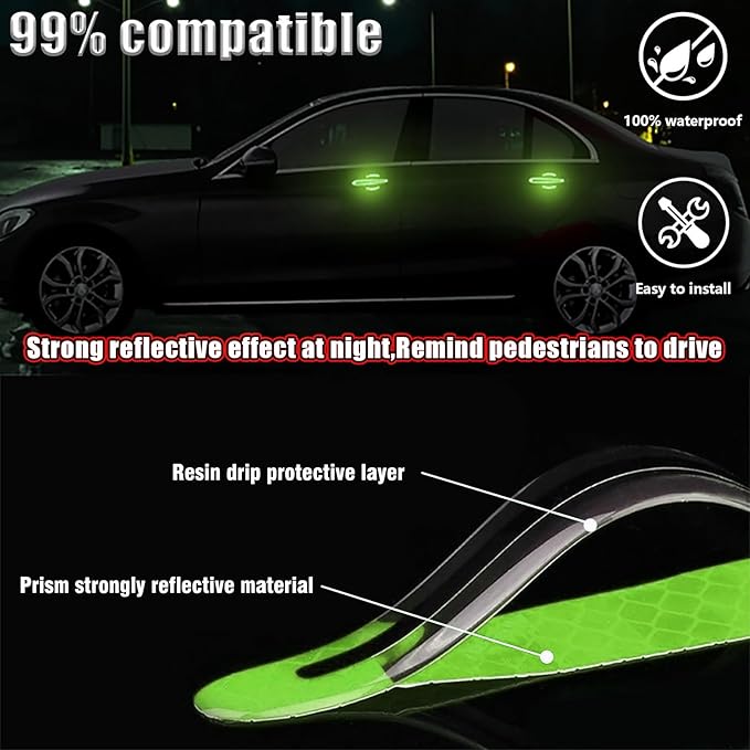 8Pcs Car Door Handle Protector Reflective Sticker,3D Carbon Fiber Universal Door Handle Scratch Protector Cover,Self-Adhesive & Non-Marking,Paint Guard Protective Films (Green)