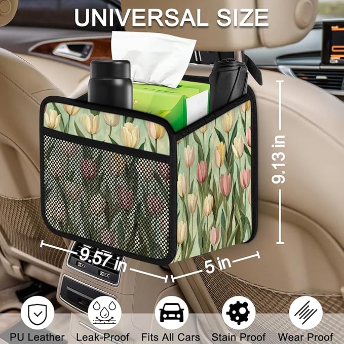Pastel Tulip Green Car Backseat Organizer PU Leather Automotive Back Seat Storage Bag Universal Hanging Garbage Box Travel Accessories Foldable